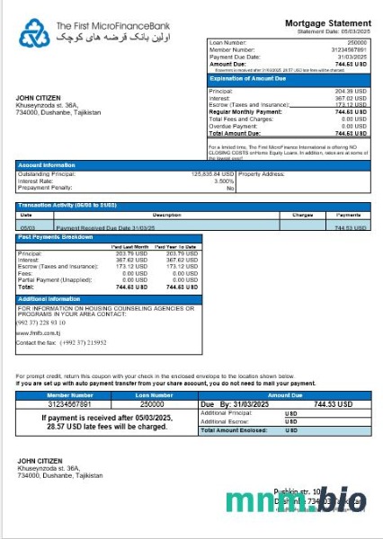 Tadżykistan The First MicroFinance (FMFB) wyciąg z kredytu hipotecznego w formatach Word i PDF